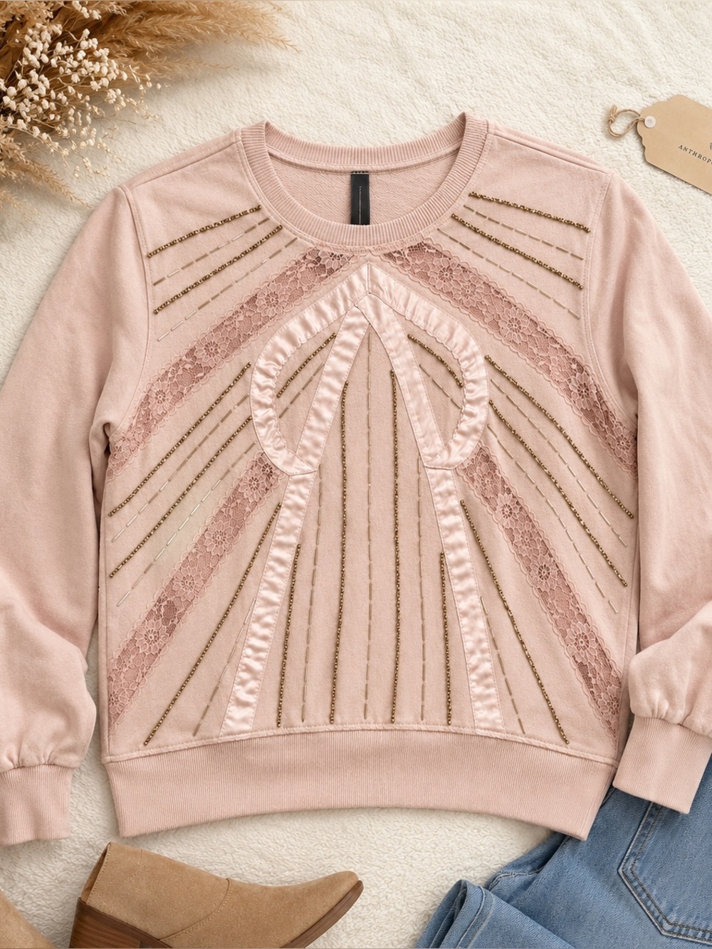 Anthropologie Embellished Lace Sweatshirt Romantic Boho Blush Soft Girl Chic S